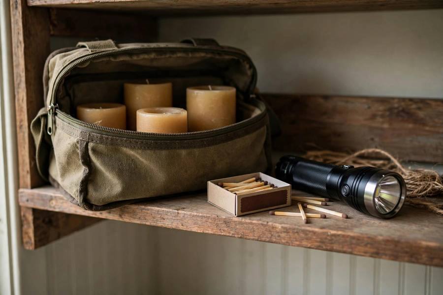An emergency preparedness kit with candles, matches, and a flashlight arranged on a shelf