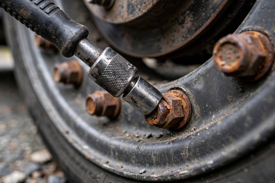 Breaker bar on a stuck lug nut showing how to loosen a stuck lug nut