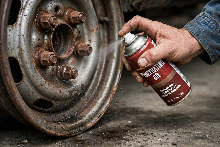 Applying penetrating oil to lug nuts for how to loosen a stuck lug nut