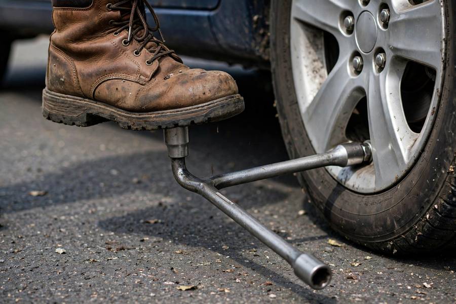 Using body weight for leverage in how to loosen a stuck lug nut