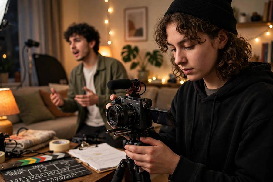 Beginner filmmaker learning how to make a short film with a small camera