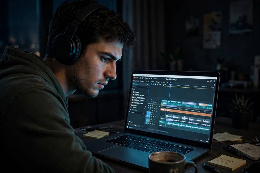 Editing a short film timeline on a laptop at night