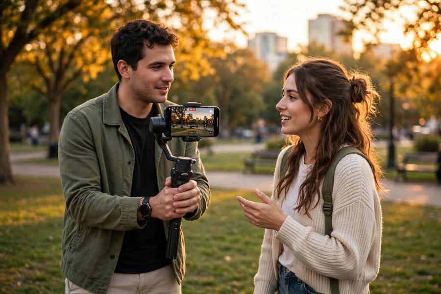 Friends filming a scene for a short film with a smartphone at golden hour