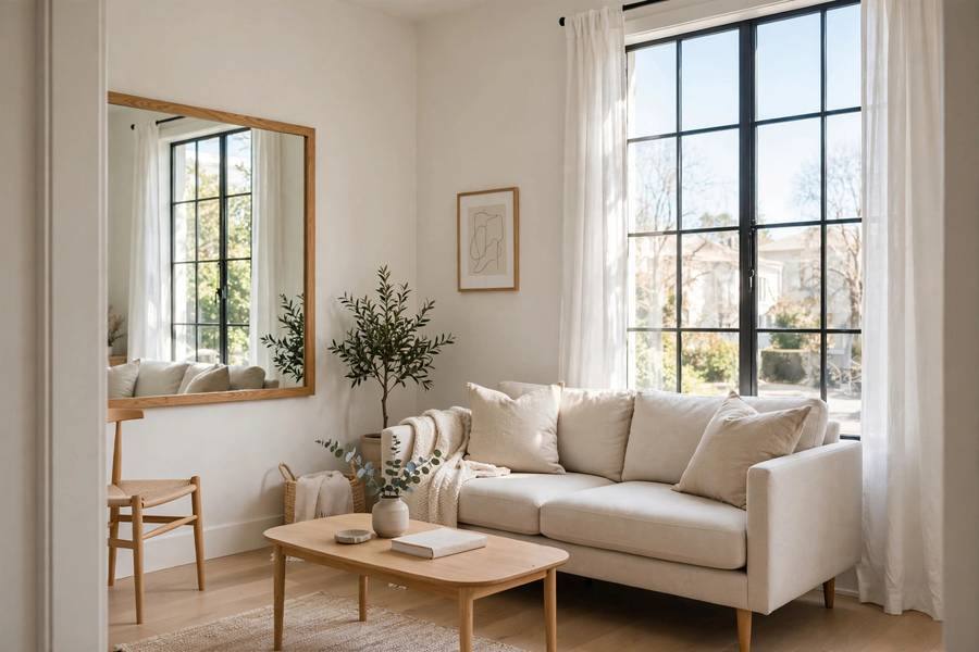 Bright airy small apartment living room with large mirror, light colors, and leggy furniture