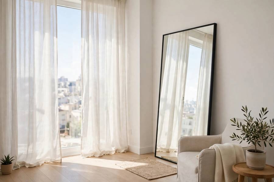 Small apartment with high-hung sheer curtains and sunlight streaming through tall windows