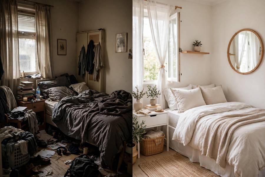 Bright organized small bedroom with mirror and light bedding feeling airy and calm