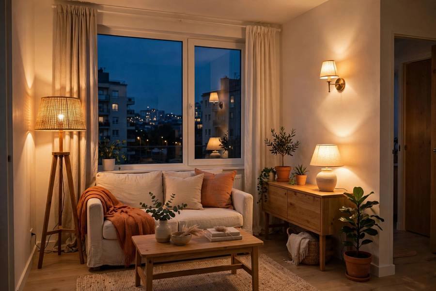 Small apartment living room glowing with multiple lamps at different heights in the evening
