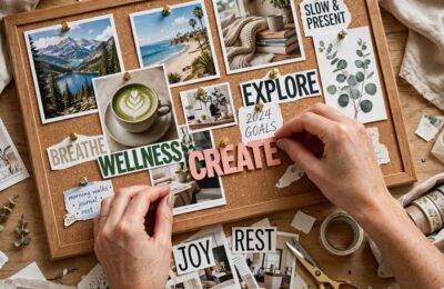 Hands arranging images on a cork board when learning how to make a vision board