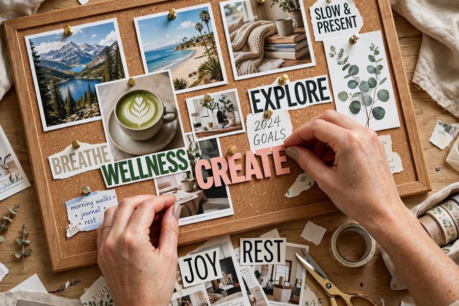 Hands arranging images on a cork board when learning how to make a vision board
