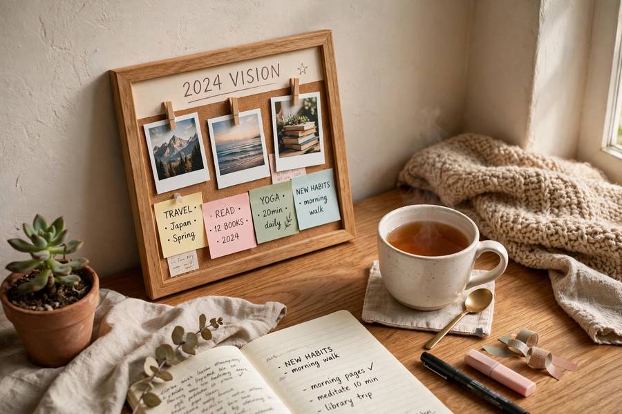 Cozy desk with a framed board after learning how to make a vision board