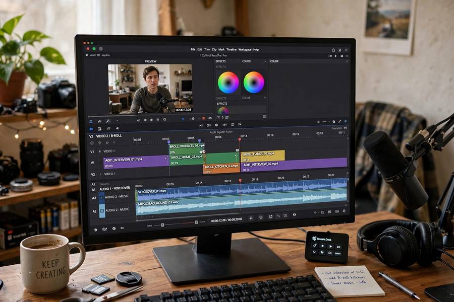 Editing an acting reel on a computer timeline in a home studio