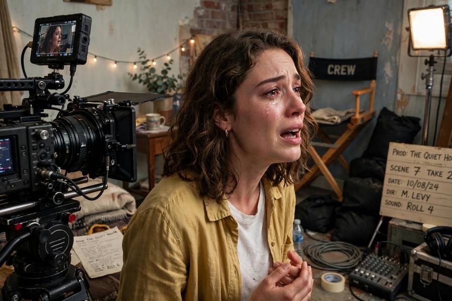 Actor performing a dramatic scene for acting reel footage on an indie set