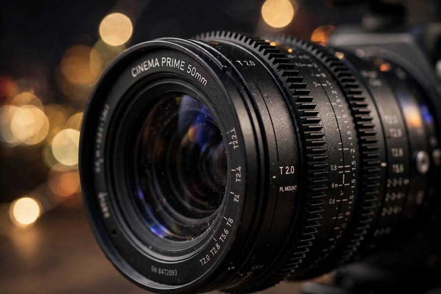 Cinema camera lens capturing footage for an acting reel