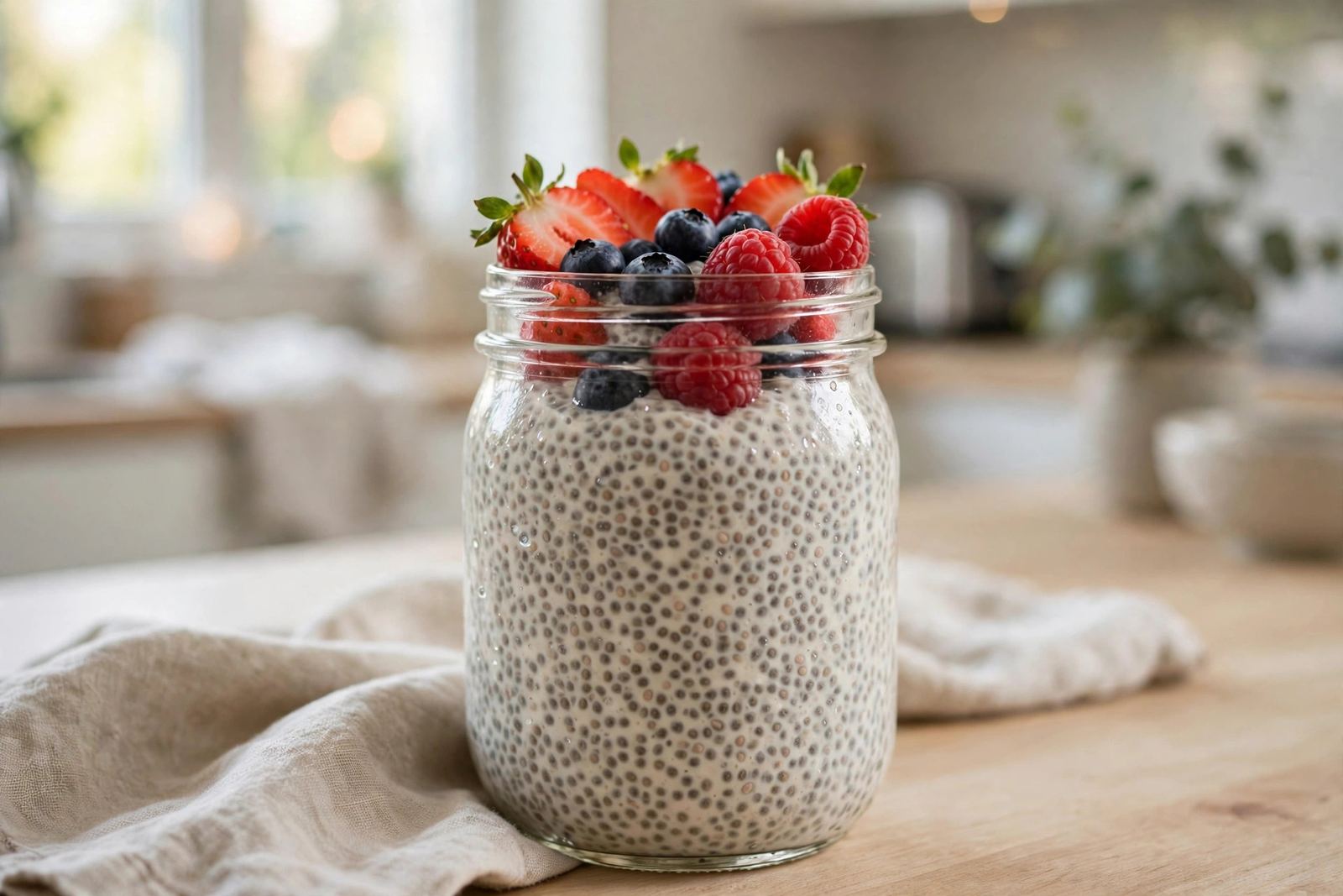 Mason jar of creamy chia pudding topped with fresh berries on a kitchen counter