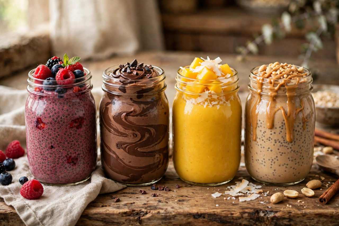 Four jars of chia pudding in different flavors: berry, chocolate, tropical, and peanut butter