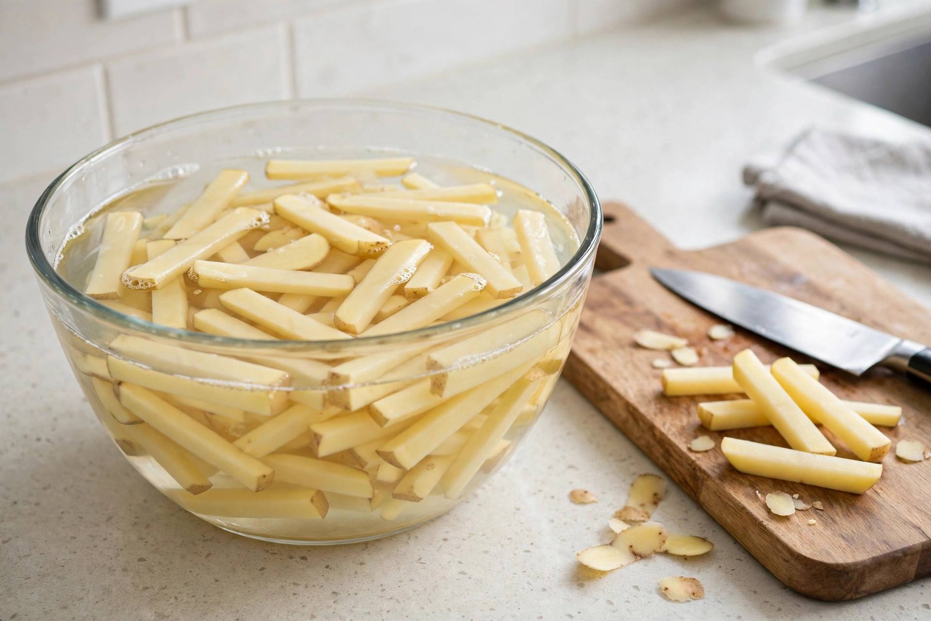 Raw cut potato sticks soaking in a large bowl of cold water on a kitchen counter