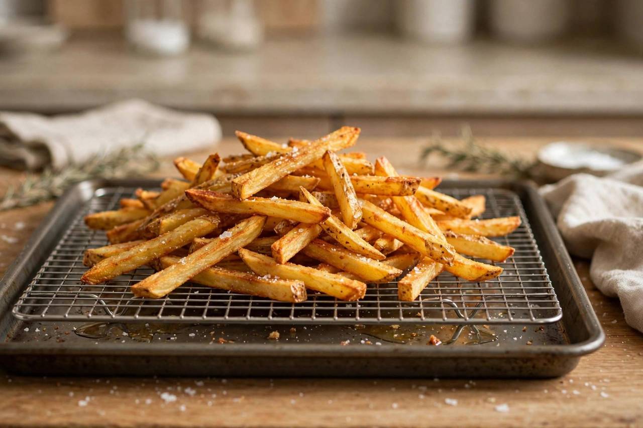Golden crispy french fries draining on a wire rack over a baking sheet