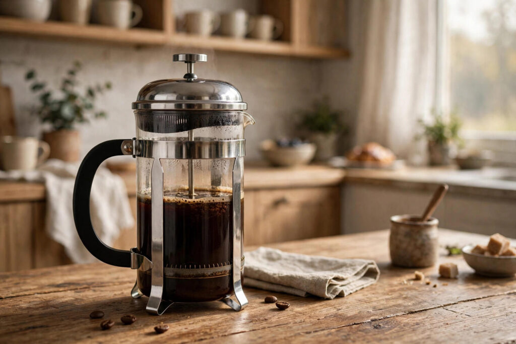 French press coffee maker with freshly brewed coffee on a wooden table