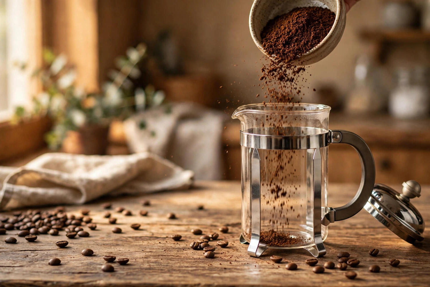 Coarse coffee grounds being poured into a french press