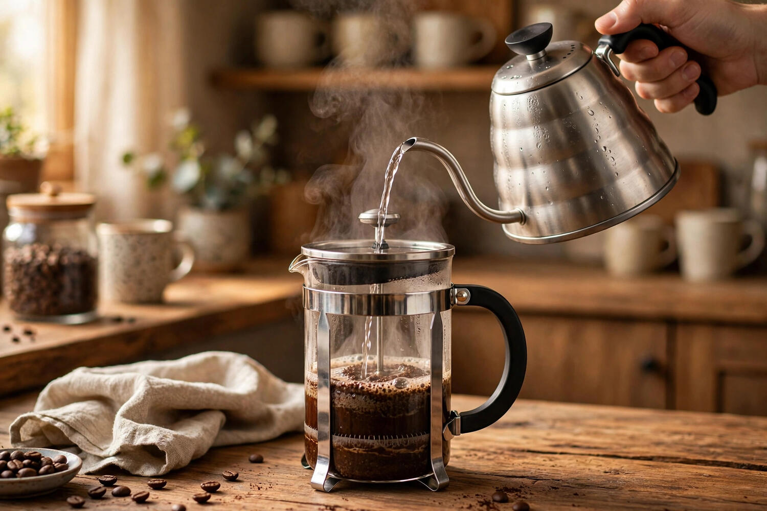 Hand pouring hot water over coffee grounds in a french press