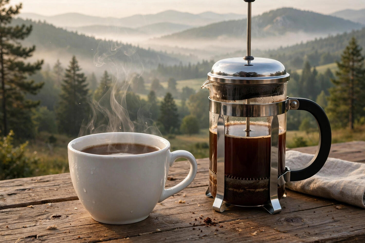 Cup of french press coffee with steam next to the press
