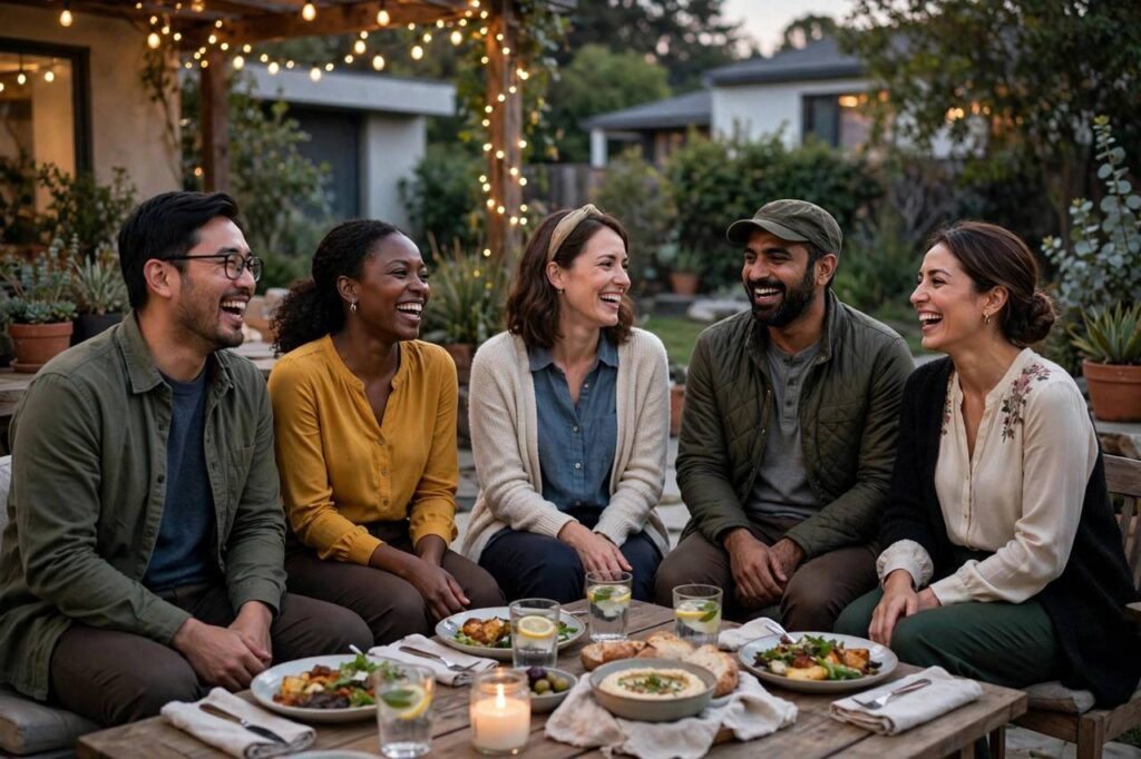 Group of adults laughing together at an outdoor dinner party
