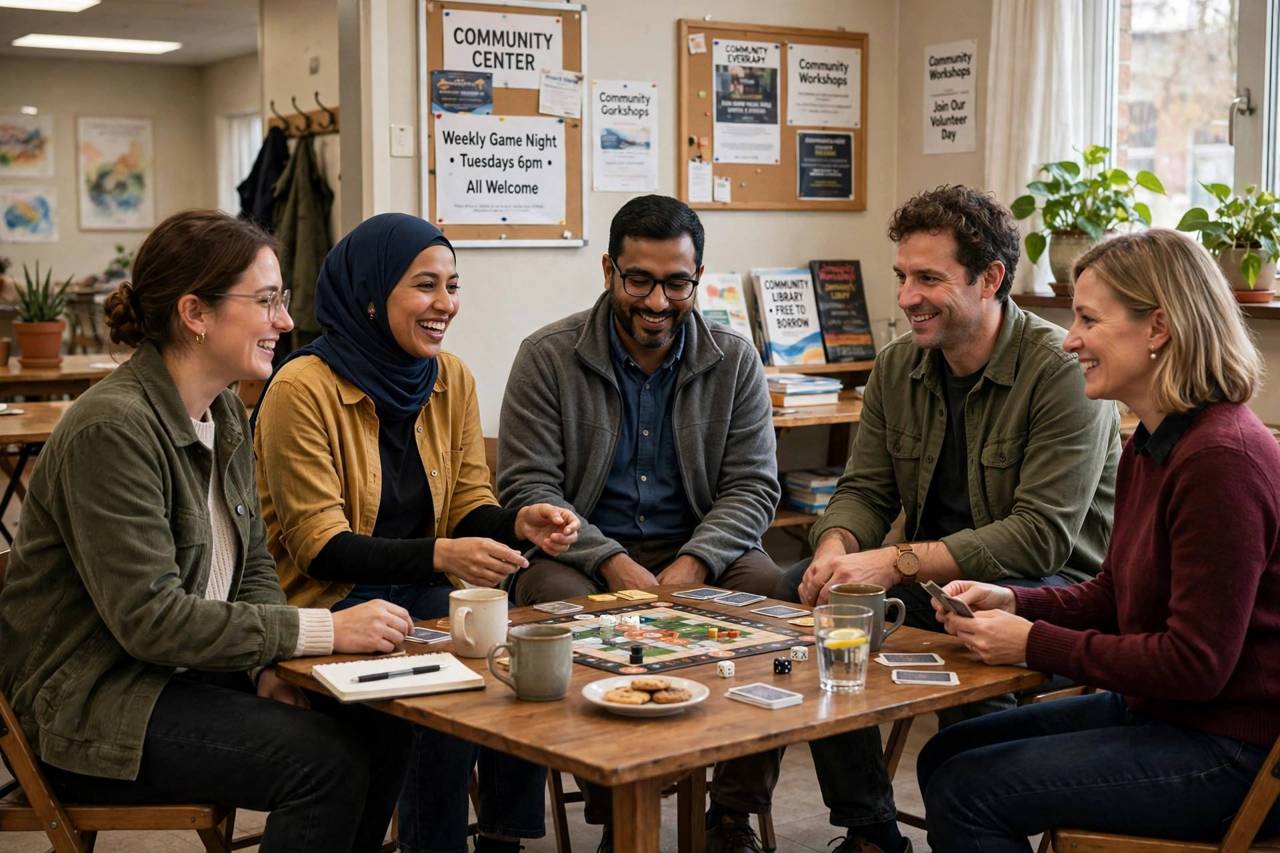 Adults playing board games together at a community center