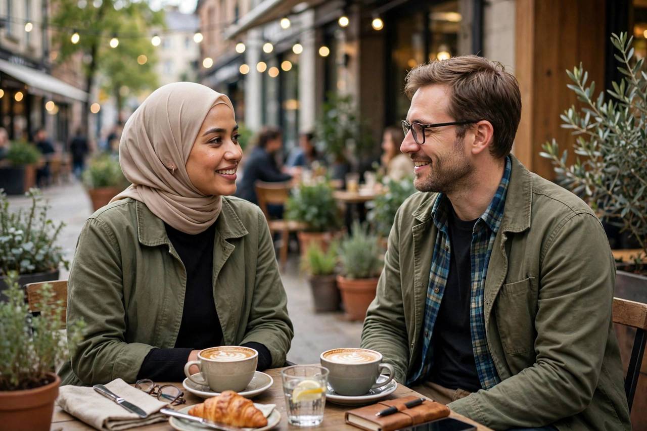 Two friends having coffee and talking at a cafe
