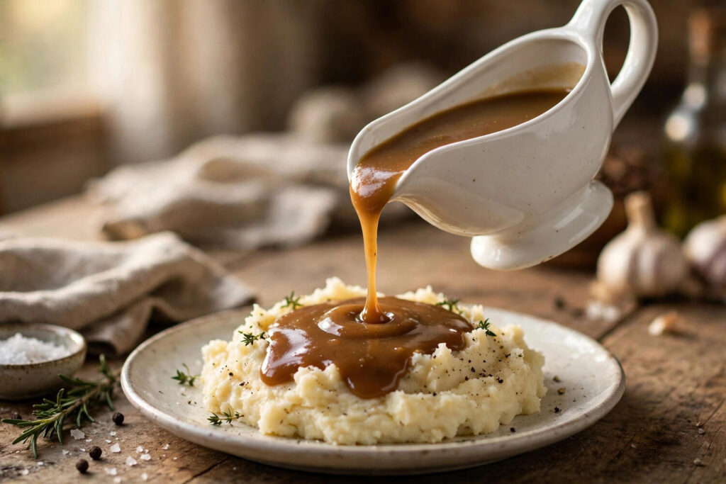 Gravy boat pouring smooth brown gravy over mashed potatoes
