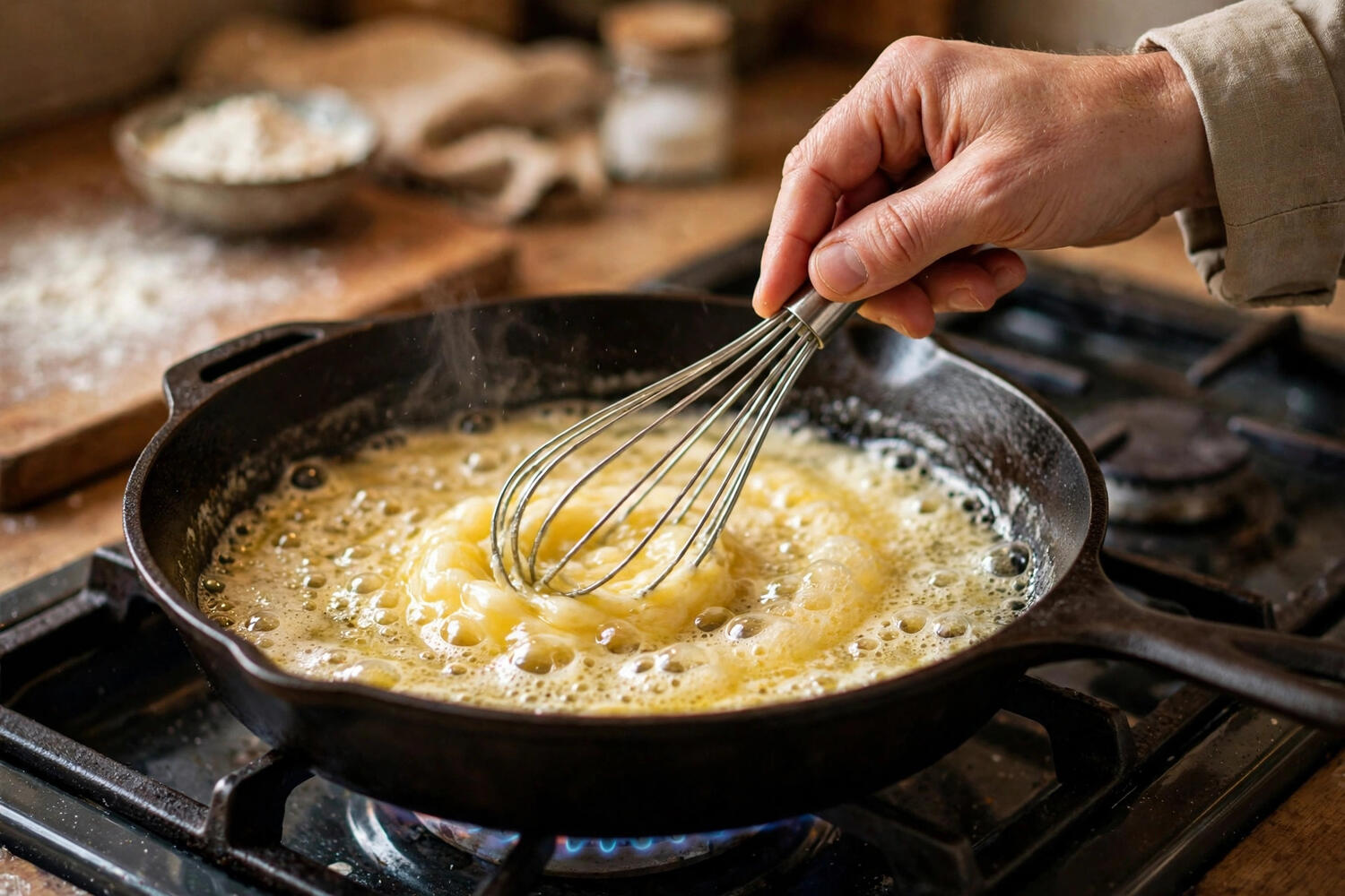 Whisk stirring roux in a skillet with butter and flour