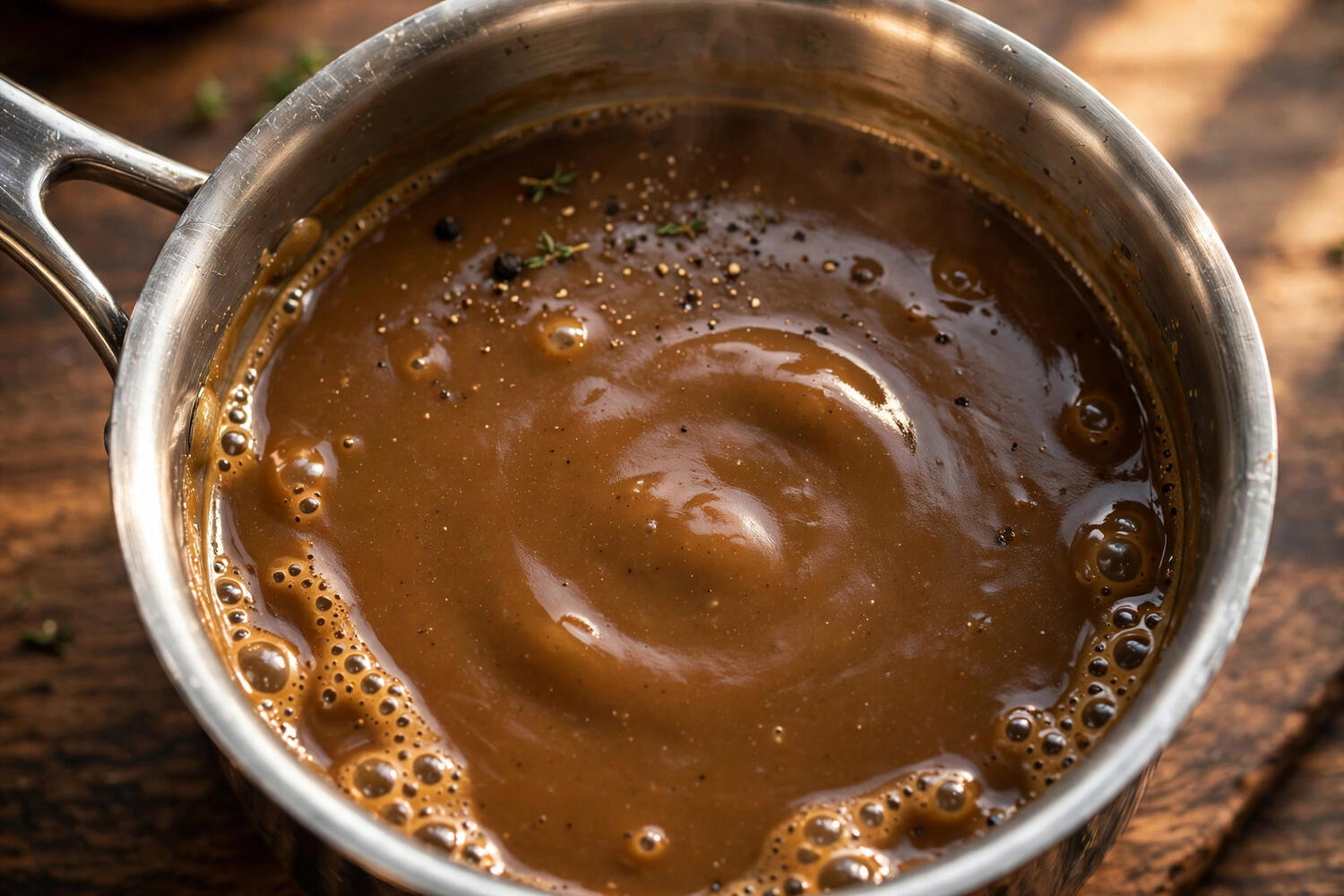 Close-up of silky lump-free gravy in a saucepan