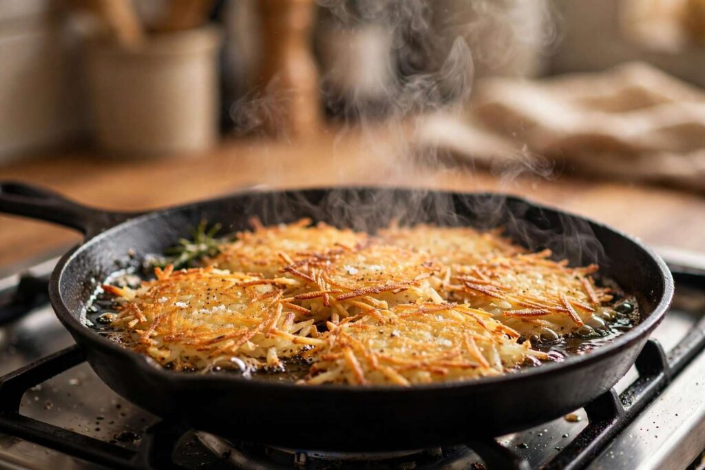 Golden crispy hash browns cooking in a cast iron skillet