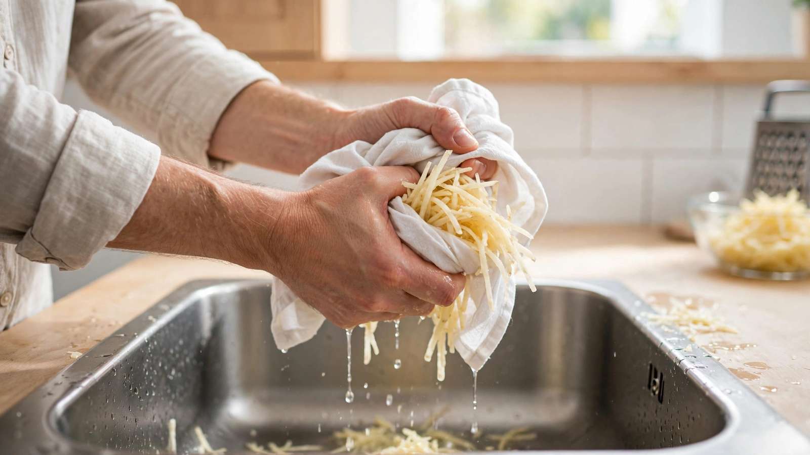 Hands wringing shredded potatoes in a kitchen towel over a sink
