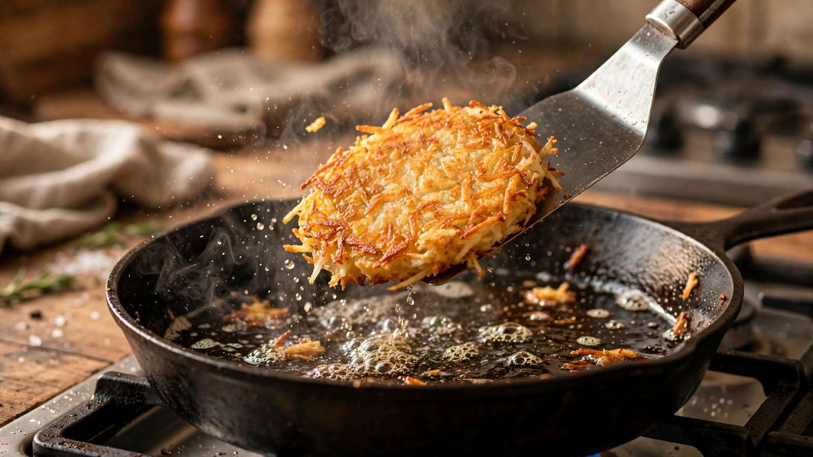 Spatula flipping a golden hash brown patty in a hot skillet