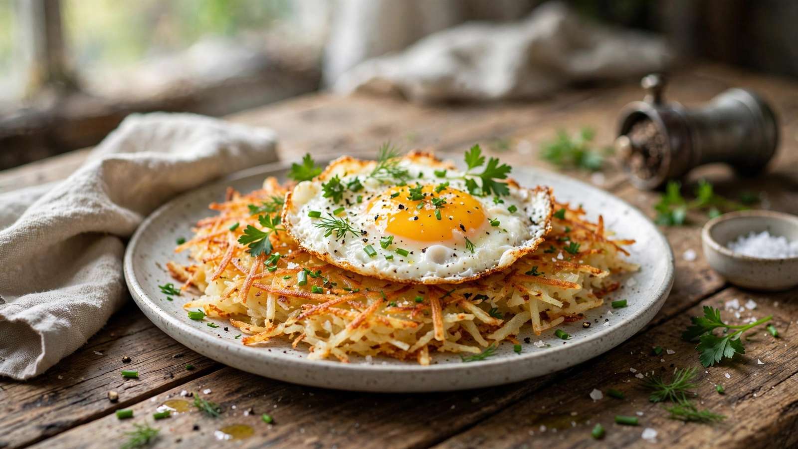 Plate of crispy hash browns topped with a fried egg and fresh herbs