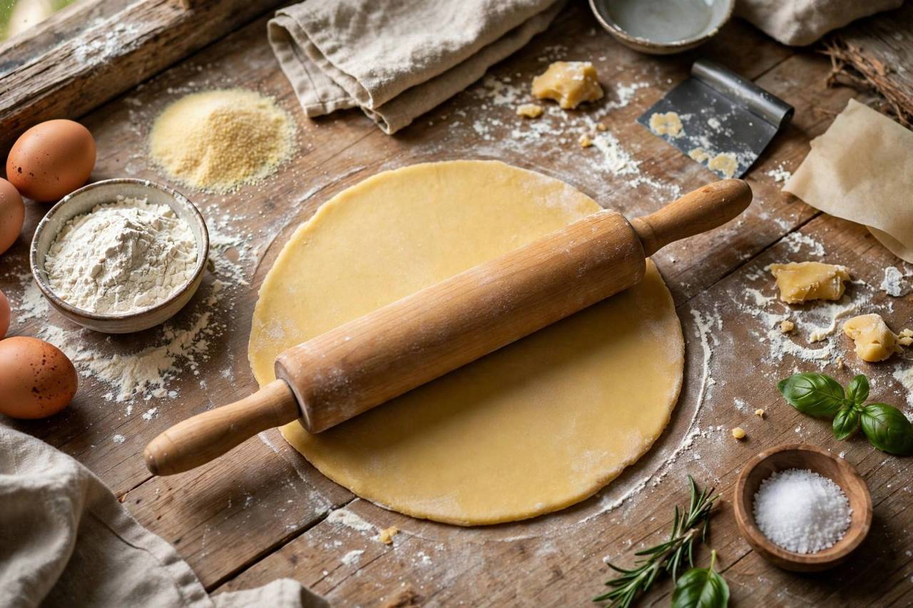 Fresh homemade pasta dough being rolled flat with a rolling pin