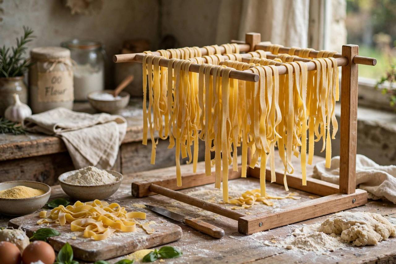 Hand-cut pasta ribbons drying on a wooden rack