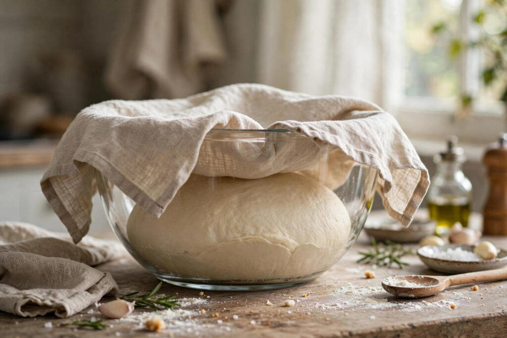 Ball of homemade pizza dough rising in a bowl