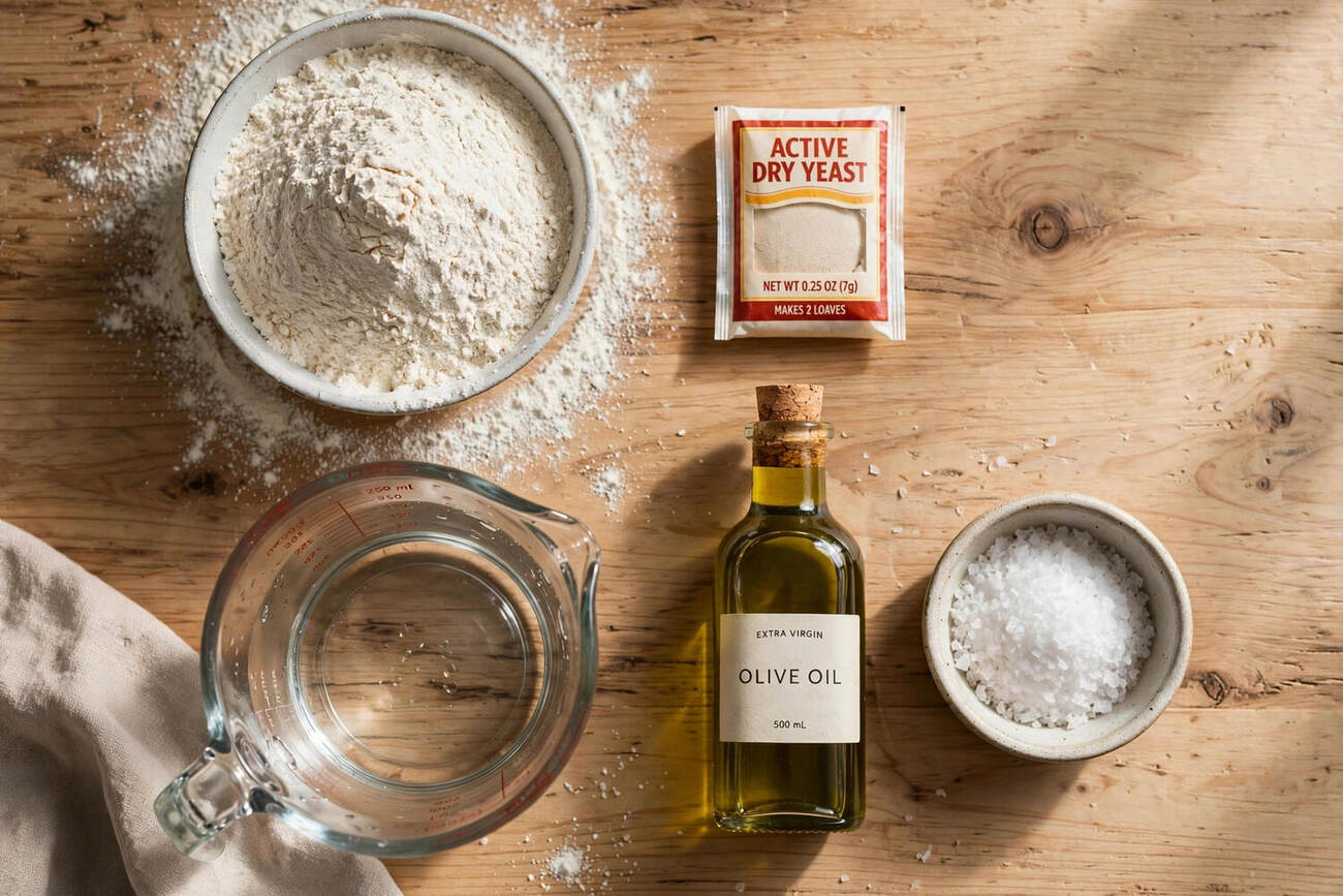 Pizza dough ingredients laid out: flour, yeast, olive oil