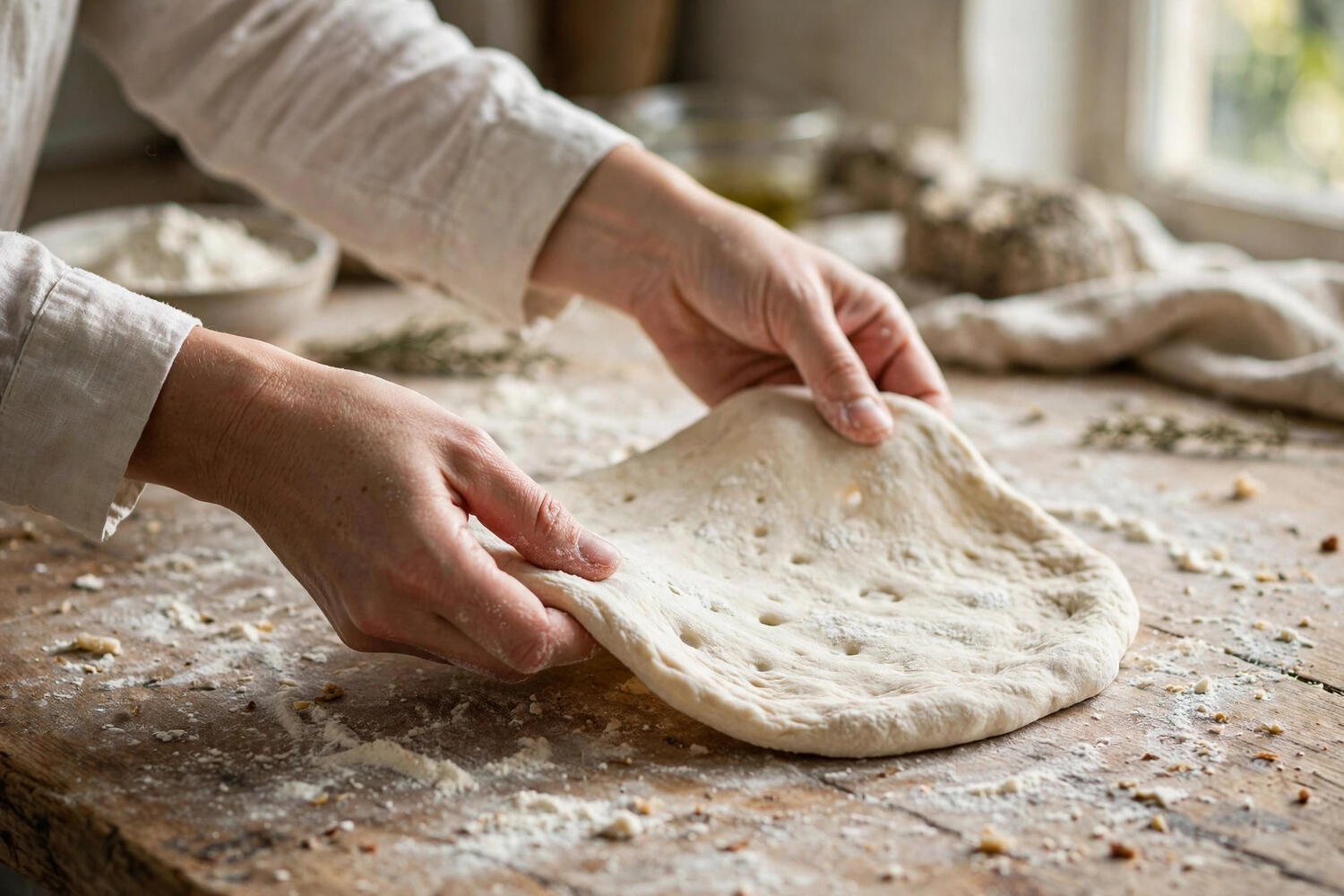 Hands stretching pizza dough on a floured countertop