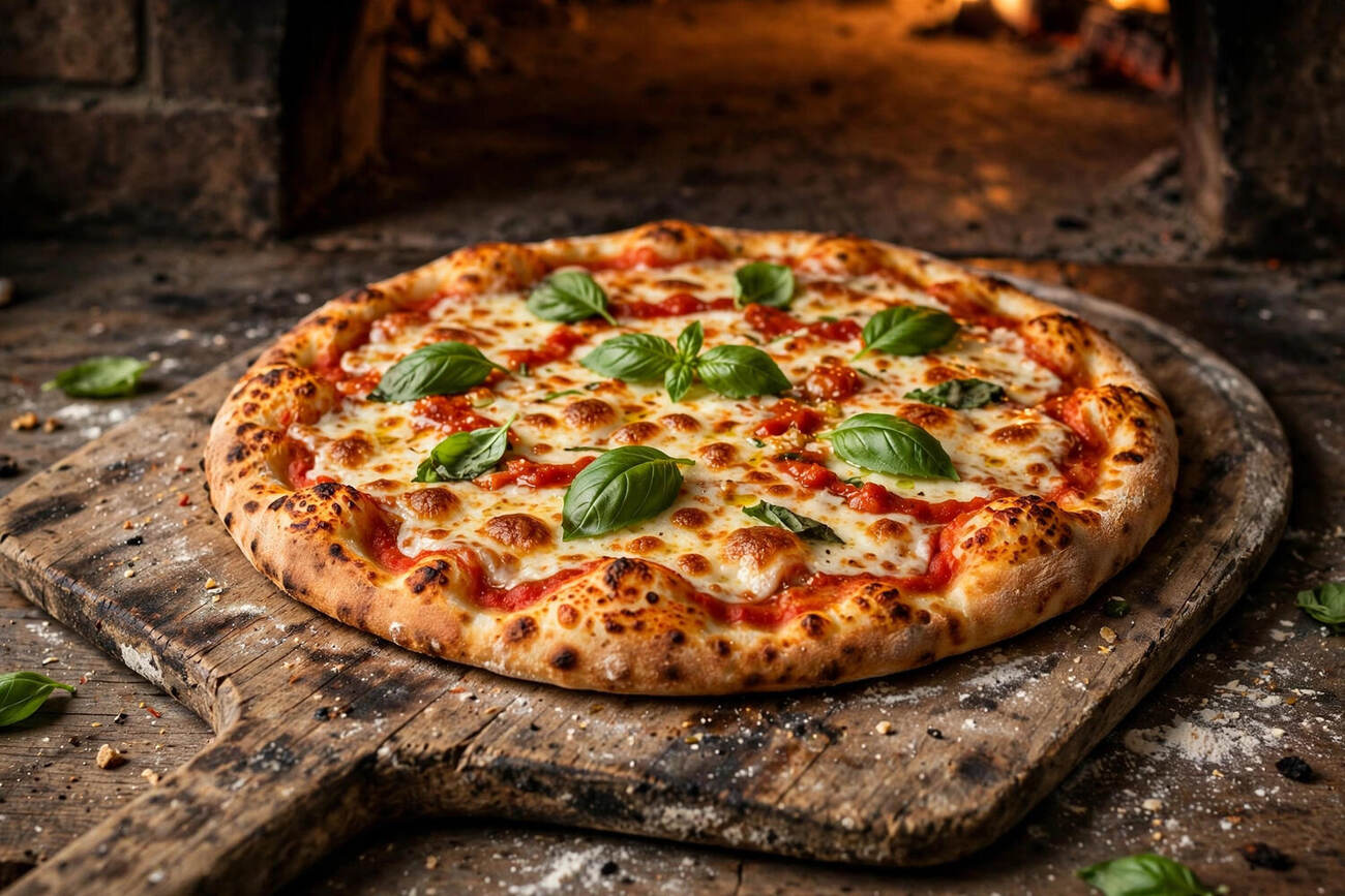 Freshly baked homemade pizza with melted cheese and basil