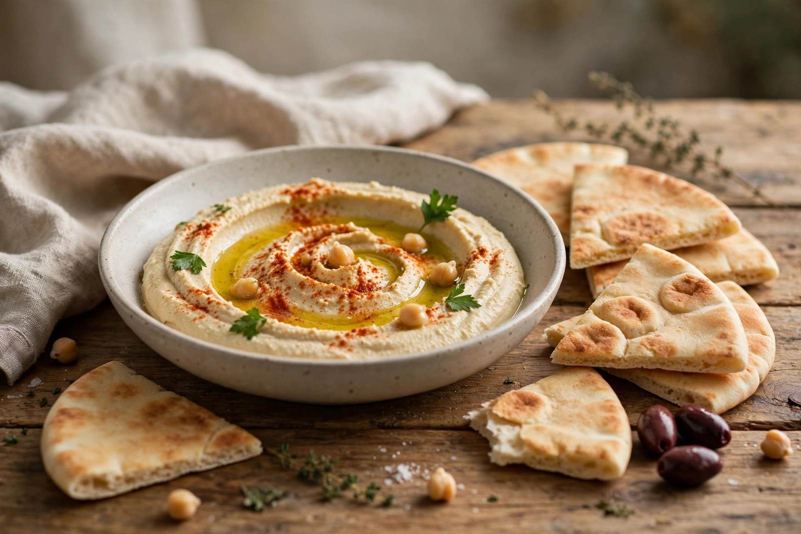 Bowl of creamy homemade hummus drizzled with olive oil and paprika, served with warm pita