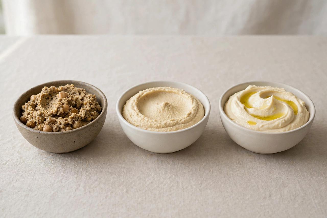 Three small bowls showing hummus texture comparison: grainy, smooth, and silky