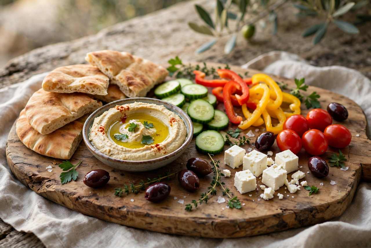 Hummus served as part of a mezze spread with pita, vegetables, and olives