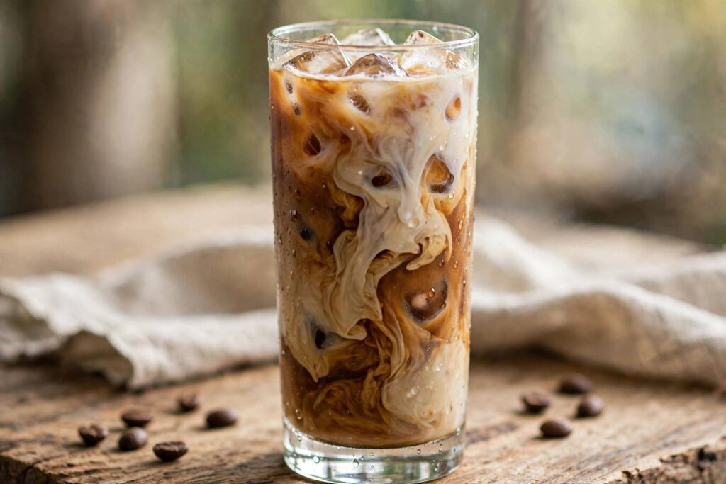 Tall glass of homemade iced coffee with milk swirl and ice cubes