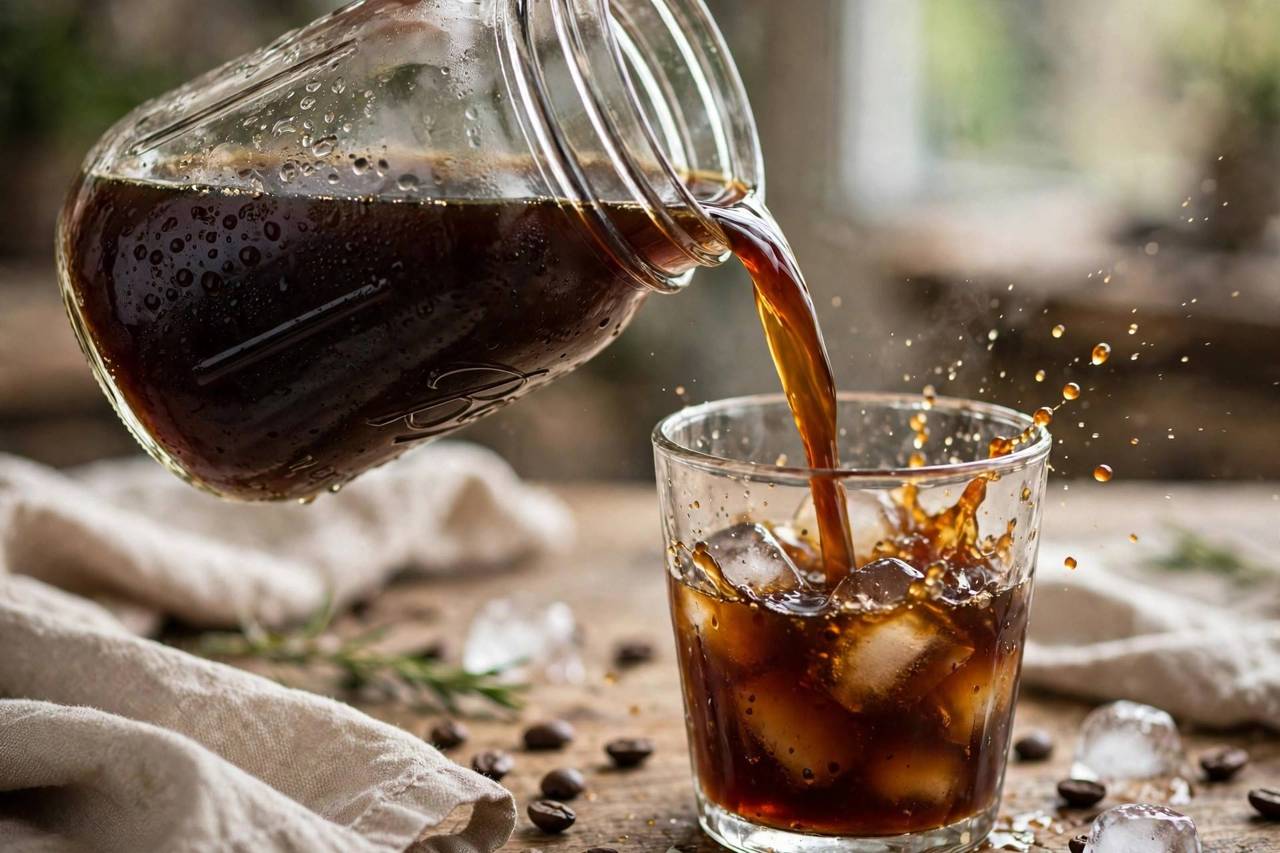 Tall glass of homemade iced coffee with milk swirl and ice cubes