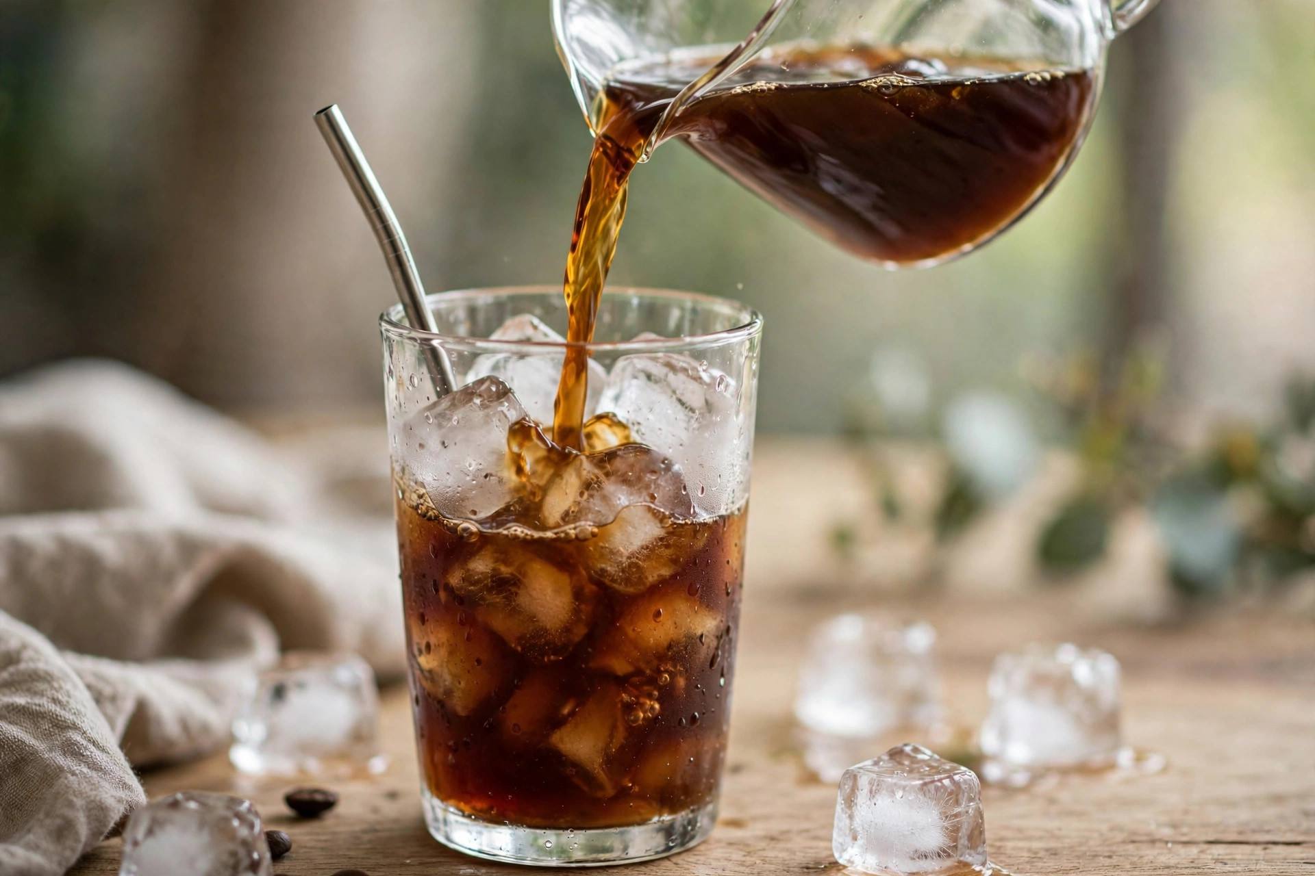 Pouring fresh cold brew coffee concentrate from a mason jar