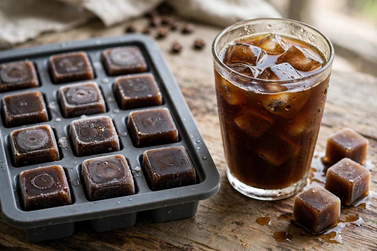 Coffee ice cubes in a tray next to a glass of iced coffee
