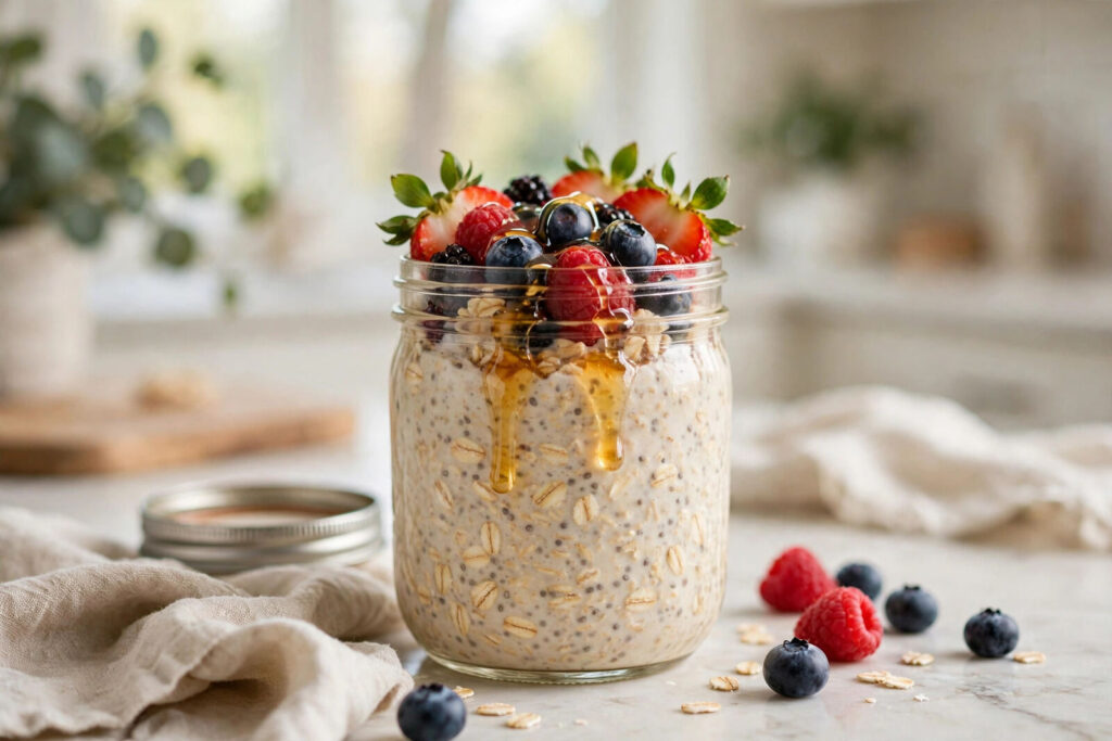 Glass jar of overnight oats with berries and honey on a kitchen counter
