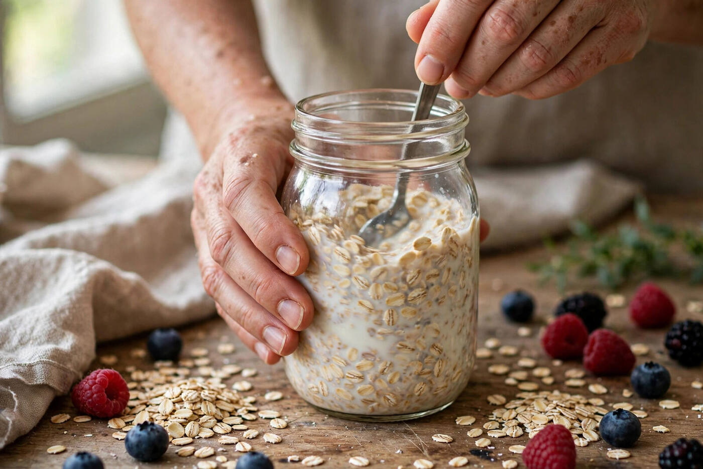 Hands stirring rolled oats and milk in a mason jar